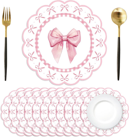 50 Pcs Pink Bow Paper Placemats 13.4 Inch Round Decorative Pink Bow Place Table Mats Disposable Placemats Mats for Table Setting for Bachelorette Bridal Shower Wedding Birthday Party Supplies