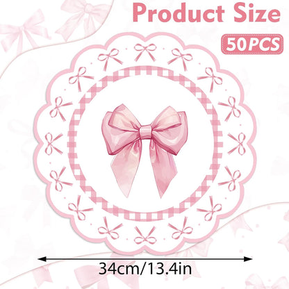 50 Pcs Pink Bow Paper Placemats 13.4 Inch Round Decorative Pink Bow Place Table Mats Disposable Placemats Mats for Table Setting for Bachelorette Bridal Shower Wedding Birthday Party Supplies