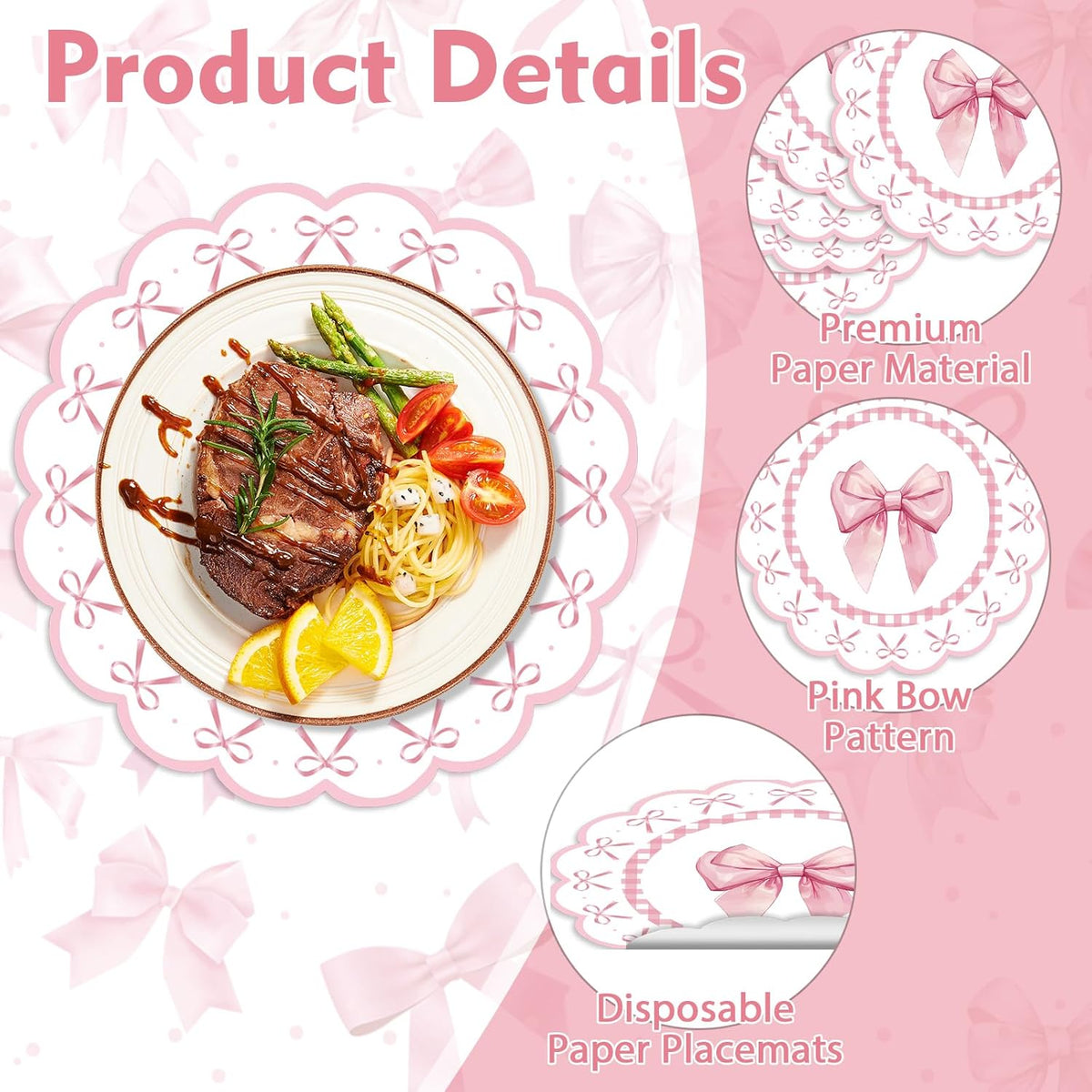 50 Pcs Pink Bow Paper Placemats 13.4 Inch Round Decorative Pink Bow Place Table Mats Disposable Placemats Mats for Table Setting for Bachelorette Bridal Shower Wedding Birthday Party Supplies