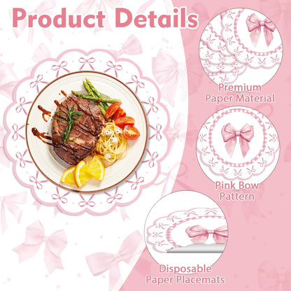 50 Pcs Pink Bow Paper Placemats 13.4 Inch Round Decorative Pink Bow Place Table Mats Disposable Placemats Mats for Table Setting for Bachelorette Bridal Shower Wedding Birthday Party Supplies