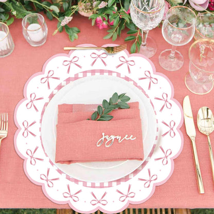 50 Pcs Pink Bow Paper Placemats 13.4 Inch Round Decorative Pink Bow Place Table Mats Disposable Placemats Mats for Table Setting for Bachelorette Bridal Shower Wedding Birthday Party Supplies
