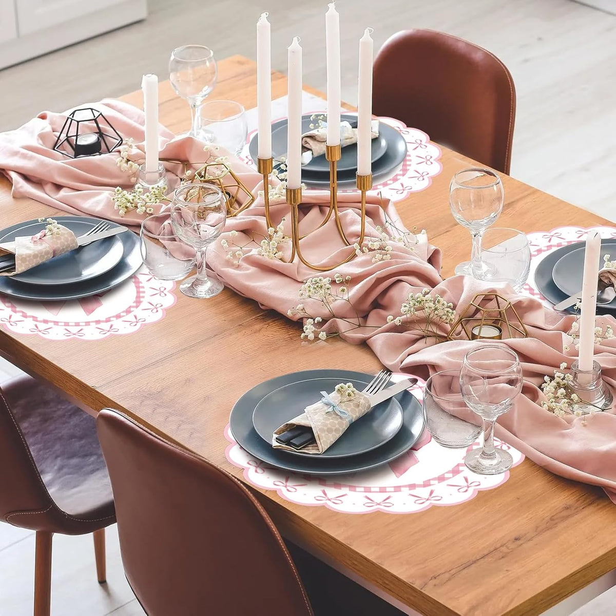 50 Pcs Pink Bow Paper Placemats 13.4 Inch Round Decorative Pink Bow Place Table Mats Disposable Placemats Mats for Table Setting for Bachelorette Bridal Shower Wedding Birthday Party Supplies