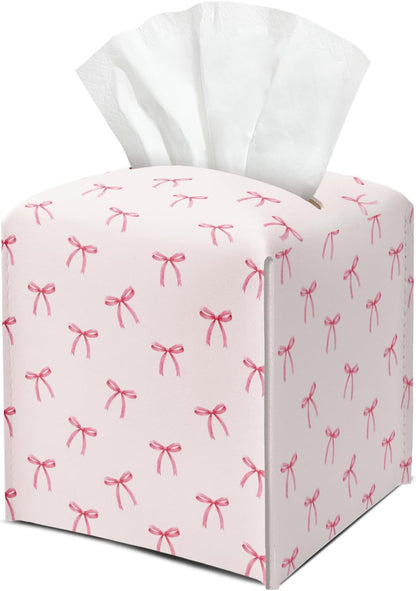Pink Bow Leather Tissue Box Cover Square Cute Decorative Tissue Holder for Bathroom Home Office Gifts for Women Sister Friend Bestie Daughter Housewarming Christmas Birthday Gifts - DH548