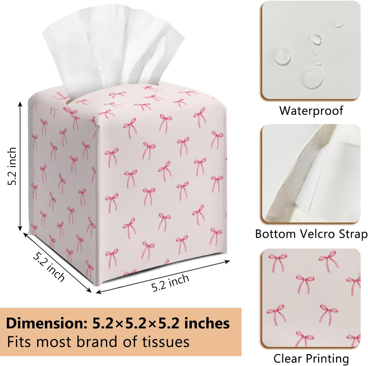Pink Bow Leather Tissue Box Cover Square Cute Decorative Tissue Holder for Bathroom Home Office Gifts for Women Sister Friend Bestie Daughter Housewarming Christmas Birthday Gifts - DH548