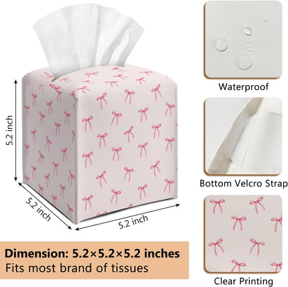 Pink Bow Leather Tissue Box Cover Square Cute Decorative Tissue Holder for Bathroom Home Office Gifts for Women Sister Friend Bestie Daughter Housewarming Christmas Birthday Gifts - DH548