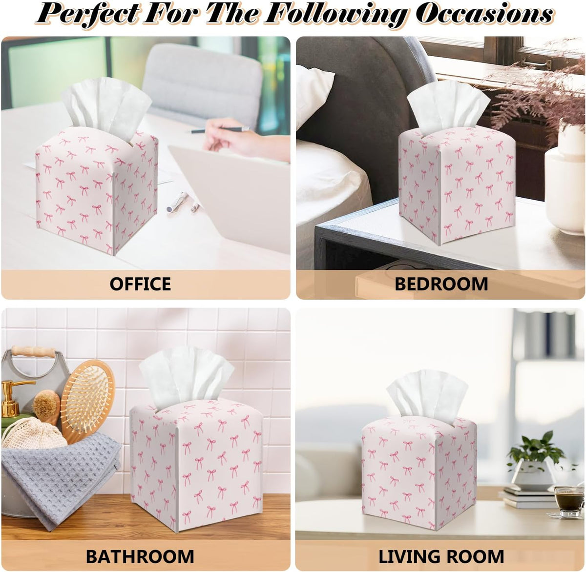 Pink Bow Leather Tissue Box Cover Square Cute Decorative Tissue Holder for Bathroom Home Office Gifts for Women Sister Friend Bestie Daughter Housewarming Christmas Birthday Gifts - DH548
