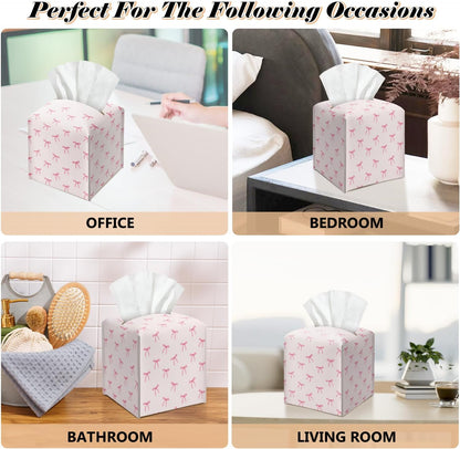 Pink Bow Leather Tissue Box Cover Square Cute Decorative Tissue Holder for Bathroom Home Office Gifts for Women Sister Friend Bestie Daughter Housewarming Christmas Birthday Gifts - DH548