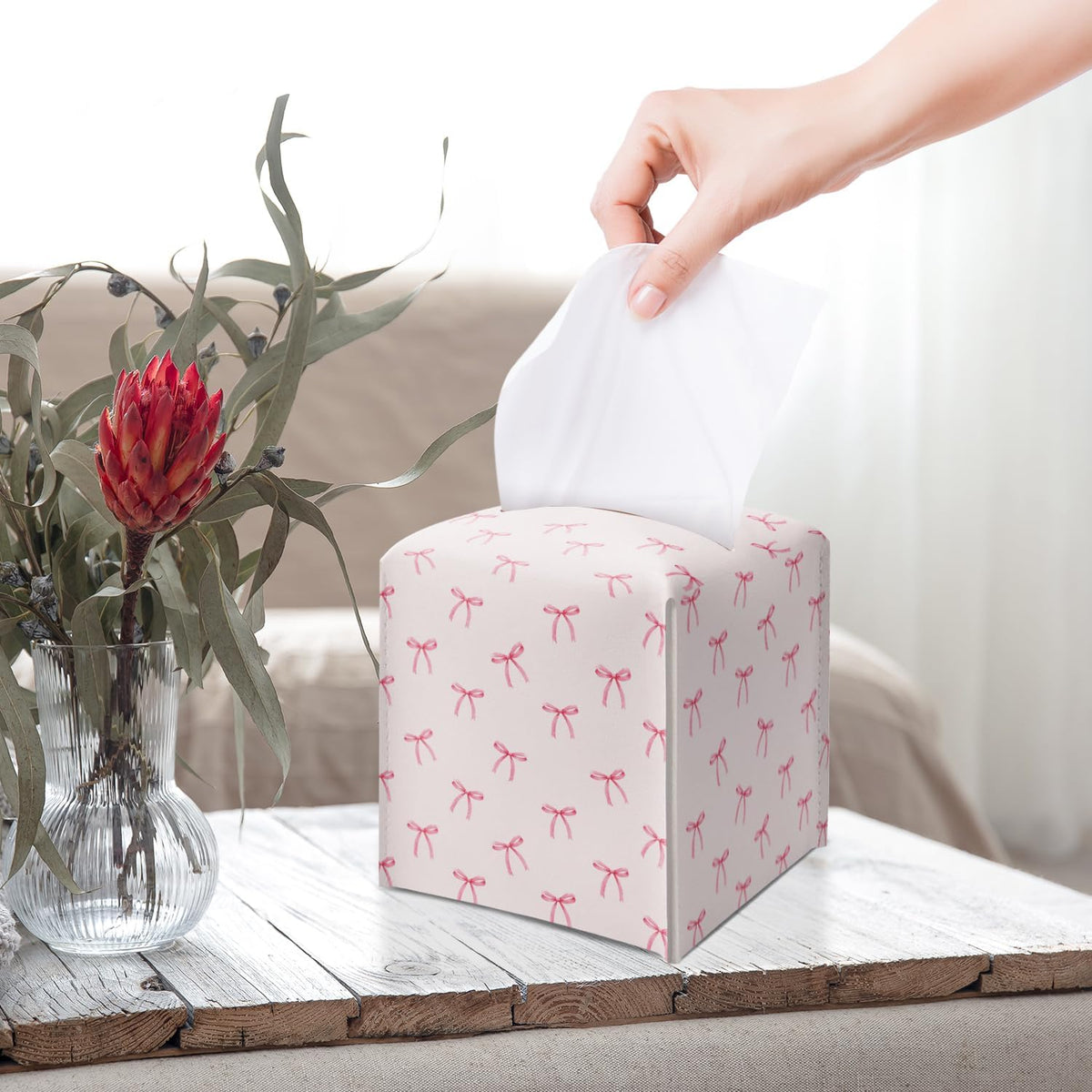 Pink Bow Leather Tissue Box Cover Square Cute Decorative Tissue Holder for Bathroom Home Office Gifts for Women Sister Friend Bestie Daughter Housewarming Christmas Birthday Gifts - DH548