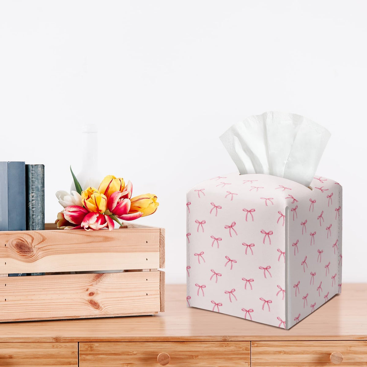 Pink Bow Leather Tissue Box Cover Square Cute Decorative Tissue Holder for Bathroom Home Office Gifts for Women Sister Friend Bestie Daughter Housewarming Christmas Birthday Gifts - DH548