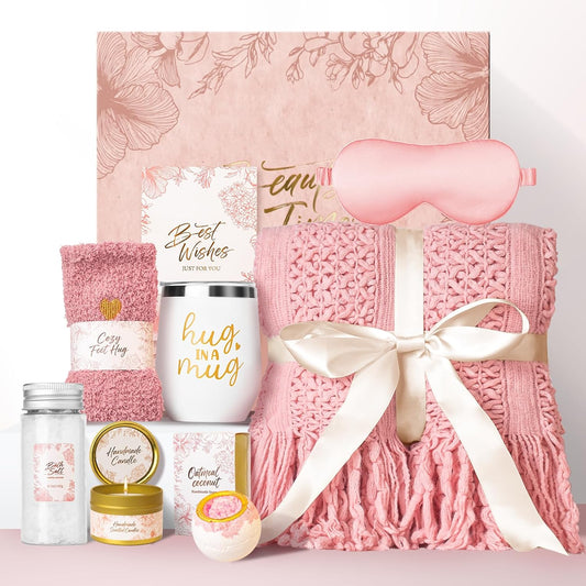 Gift Basket for Women, Self Care Set with Knitted Throw - Care Pkg - Pink