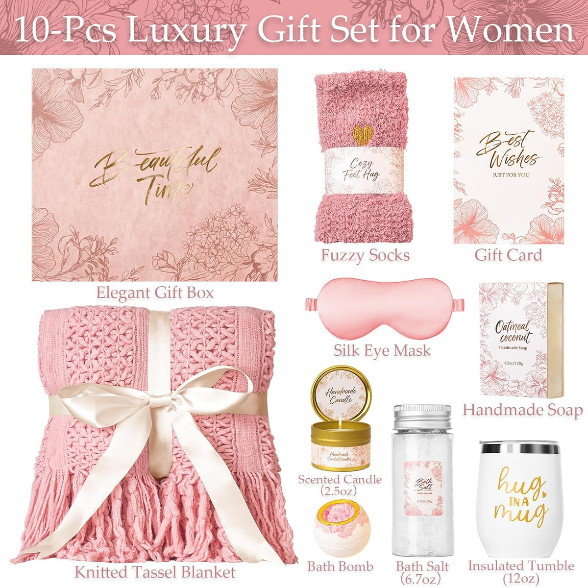 Gift Basket for Women, Self Care Set with Knitted Throw - Care Pkg - Pink