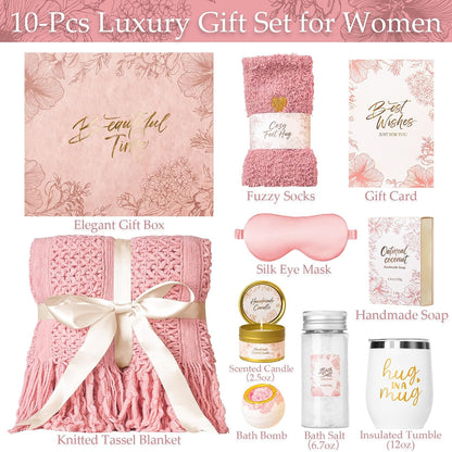 Gift Basket for Women, Self Care Set with Knitted Throw - Care Pkg - Pink