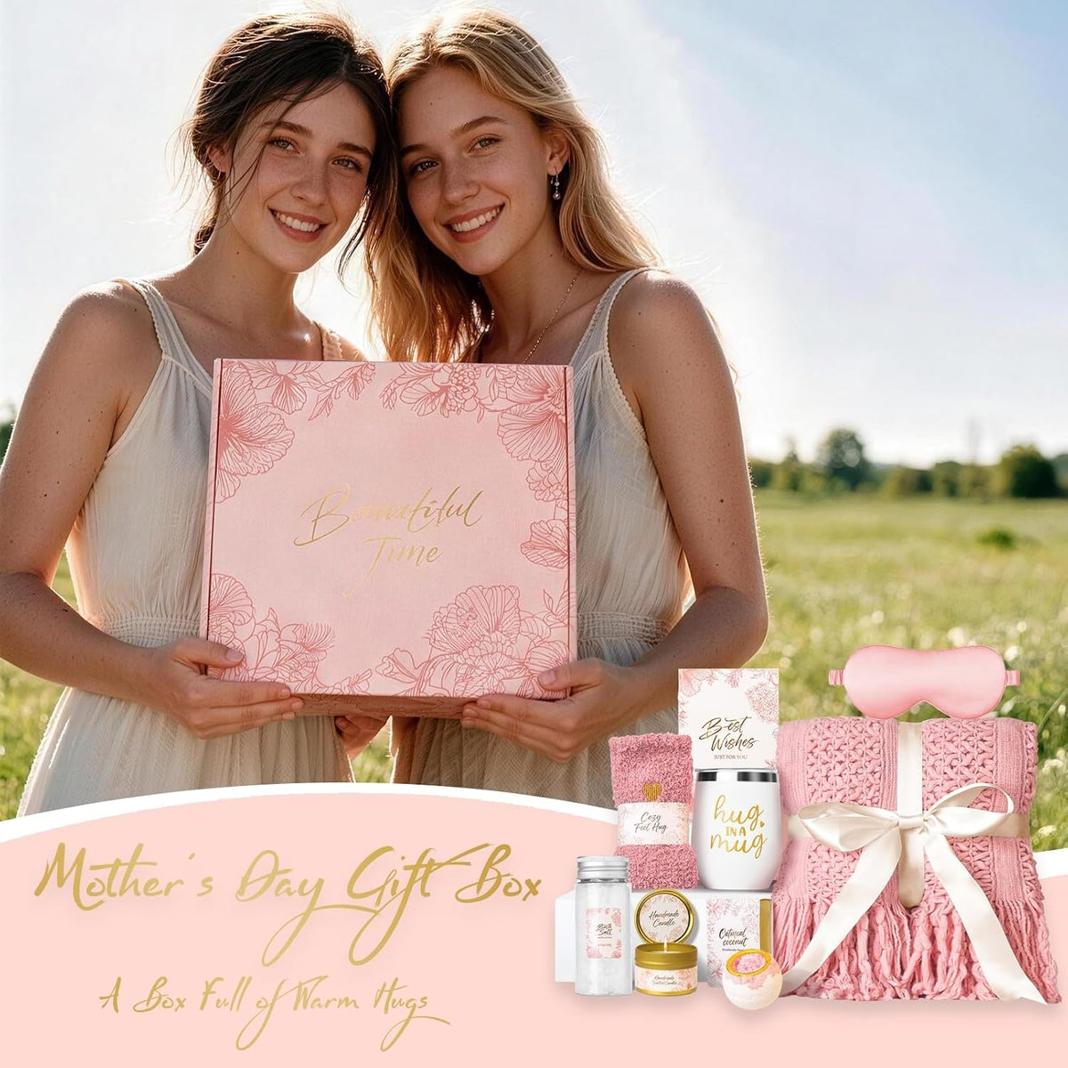 Gift Basket for Women, Self Care Set with Knitted Throw - Care Pkg - Pink