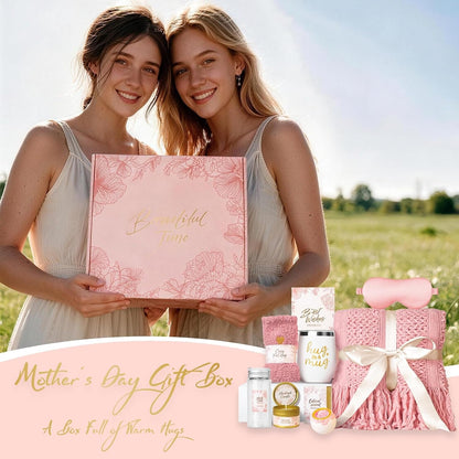 Gift Basket for Women, Self Care Set with Knitted Throw - Care Pkg - Pink