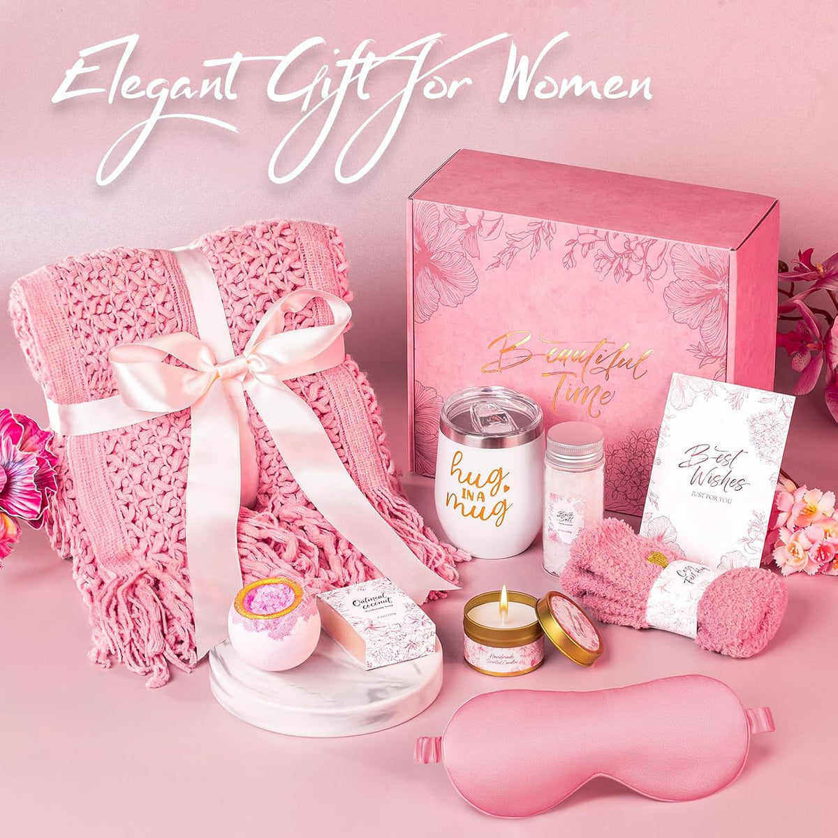 Gift Basket for Women, Self Care Set with Knitted Throw - Care Pkg - Pink