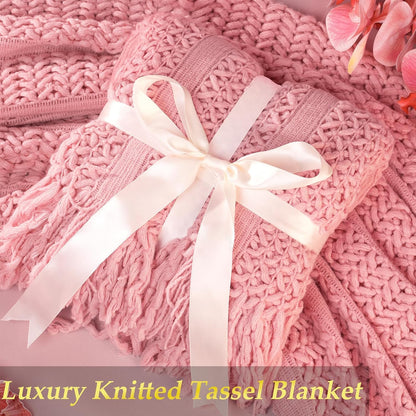 Gift Basket for Women, Self Care Set with Knitted Throw - Care Pkg - Pink