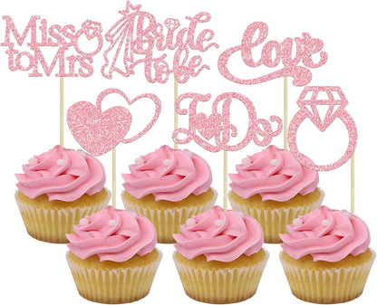 24Pcs Bride to Be Cupcake Toppers Pink Glitter I Do Love Heart Ring Miss To Mrs Cupcake Picks Bridal Shower Cake Decorations for Wedding Engagement Bachelorette Party Supplies