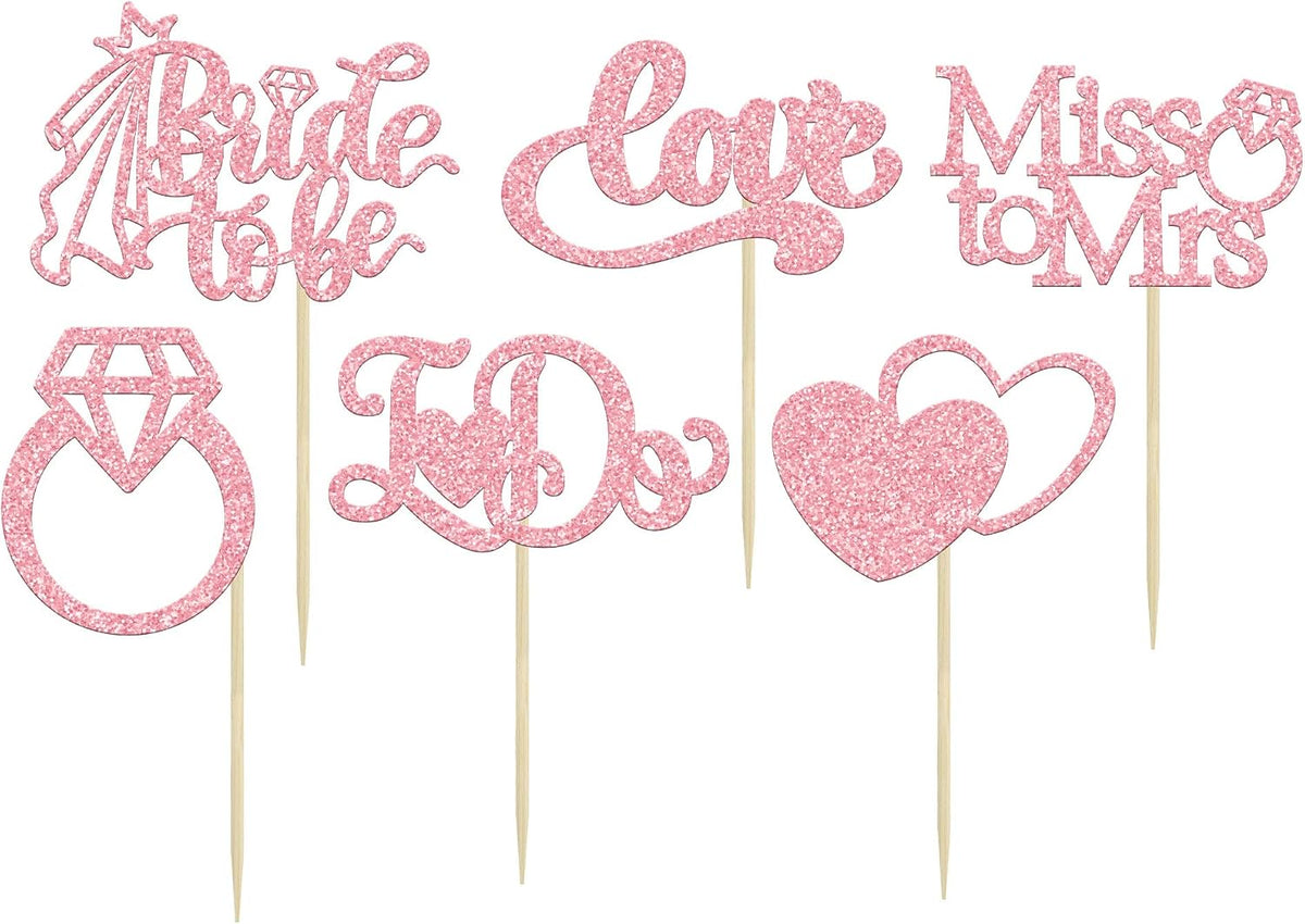 24Pcs Bride to Be Cupcake Toppers Pink Glitter I Do Love Heart Ring Miss To Mrs Cupcake Picks Bridal Shower Cake Decorations for Wedding Engagement Bachelorette Party Supplies
