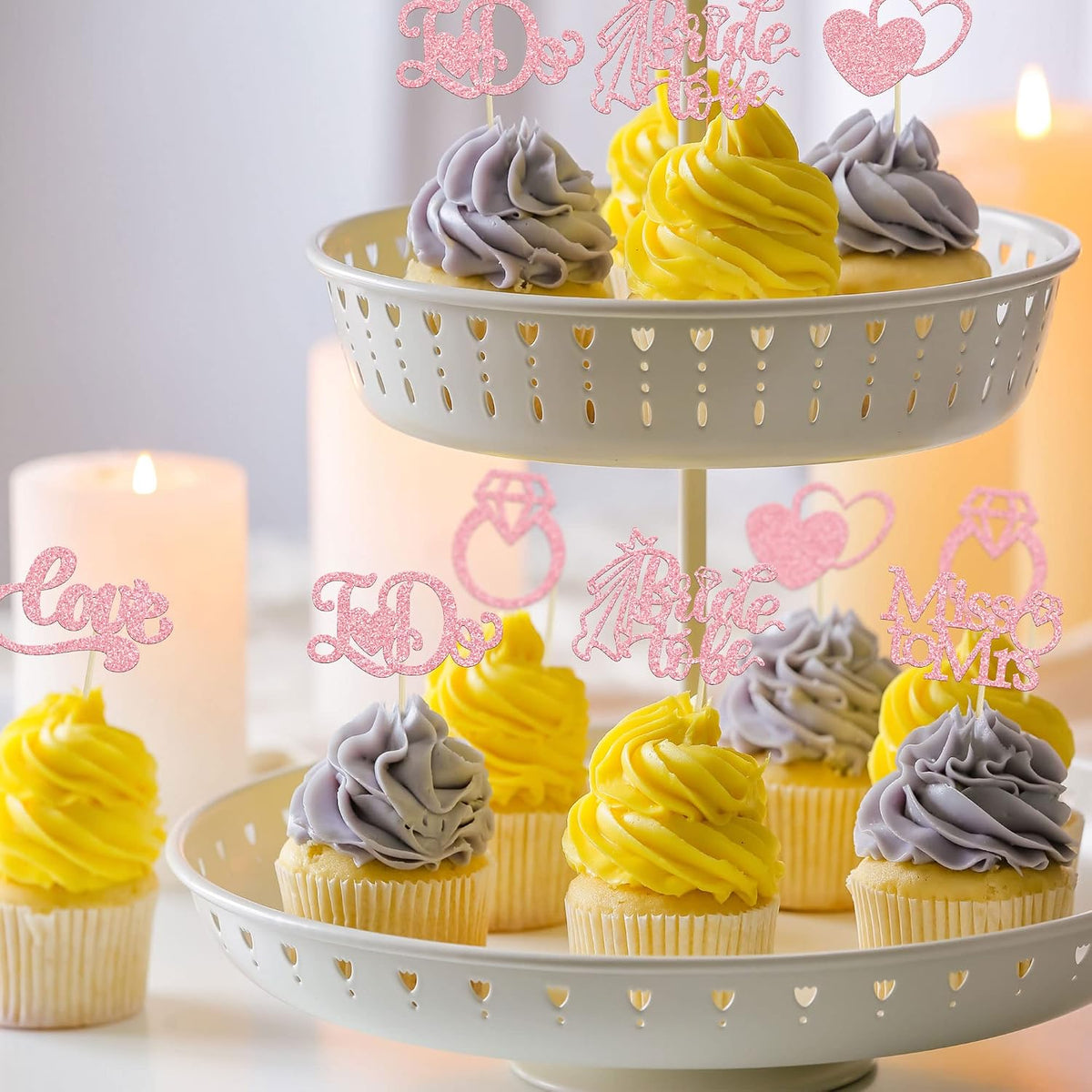 24Pcs Bride to Be Cupcake Toppers Pink Glitter I Do Love Heart Ring Miss To Mrs Cupcake Picks Bridal Shower Cake Decorations for Wedding Engagement Bachelorette Party Supplies