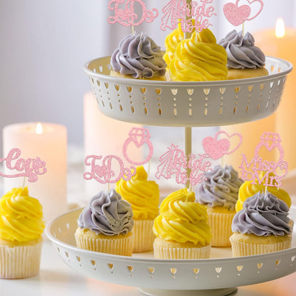 24Pcs Bride to Be Cupcake Toppers Pink Glitter I Do Love Heart Ring Miss To Mrs Cupcake Picks Bridal Shower Cake Decorations for Wedding Engagement Bachelorette Party Supplies