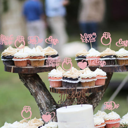 24Pcs Bride to Be Cupcake Toppers Pink Glitter I Do Love Heart Ring Miss To Mrs Cupcake Picks Bridal Shower Cake Decorations for Wedding Engagement Bachelorette Party Supplies