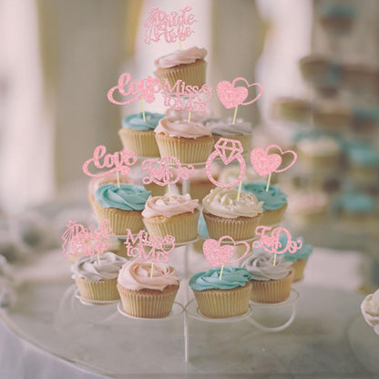 24Pcs Bride to Be Cupcake Toppers Pink Glitter I Do Love Heart Ring Miss To Mrs Cupcake Picks Bridal Shower Cake Decorations for Wedding Engagement Bachelorette Party Supplies