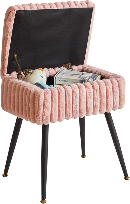 Aibiju Vanity Stool Chair, Foot Stools Ottoman, Faux Fur Vanity Chair with Black Legs, Vanity Stool for Makeup, Make up Chairs for Vanity, Vanity Small Bench Seat Storage Pink YD-MS151P