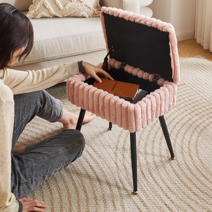 Aibiju Vanity Stool Chair, Foot Stools Ottoman, Faux Fur Vanity Chair with Black Legs, Vanity Stool for Makeup, Make up Chairs for Vanity, Vanity Small Bench Seat Storage Pink YD-MS151P