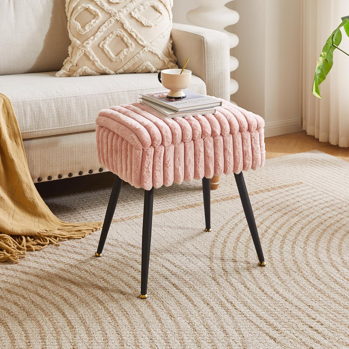 Aibiju Vanity Stool Chair, Foot Stools Ottoman, Faux Fur Vanity Chair with Black Legs, Vanity Stool for Makeup, Make up Chairs for Vanity, Vanity Small Bench Seat Storage Pink YD-MS151P