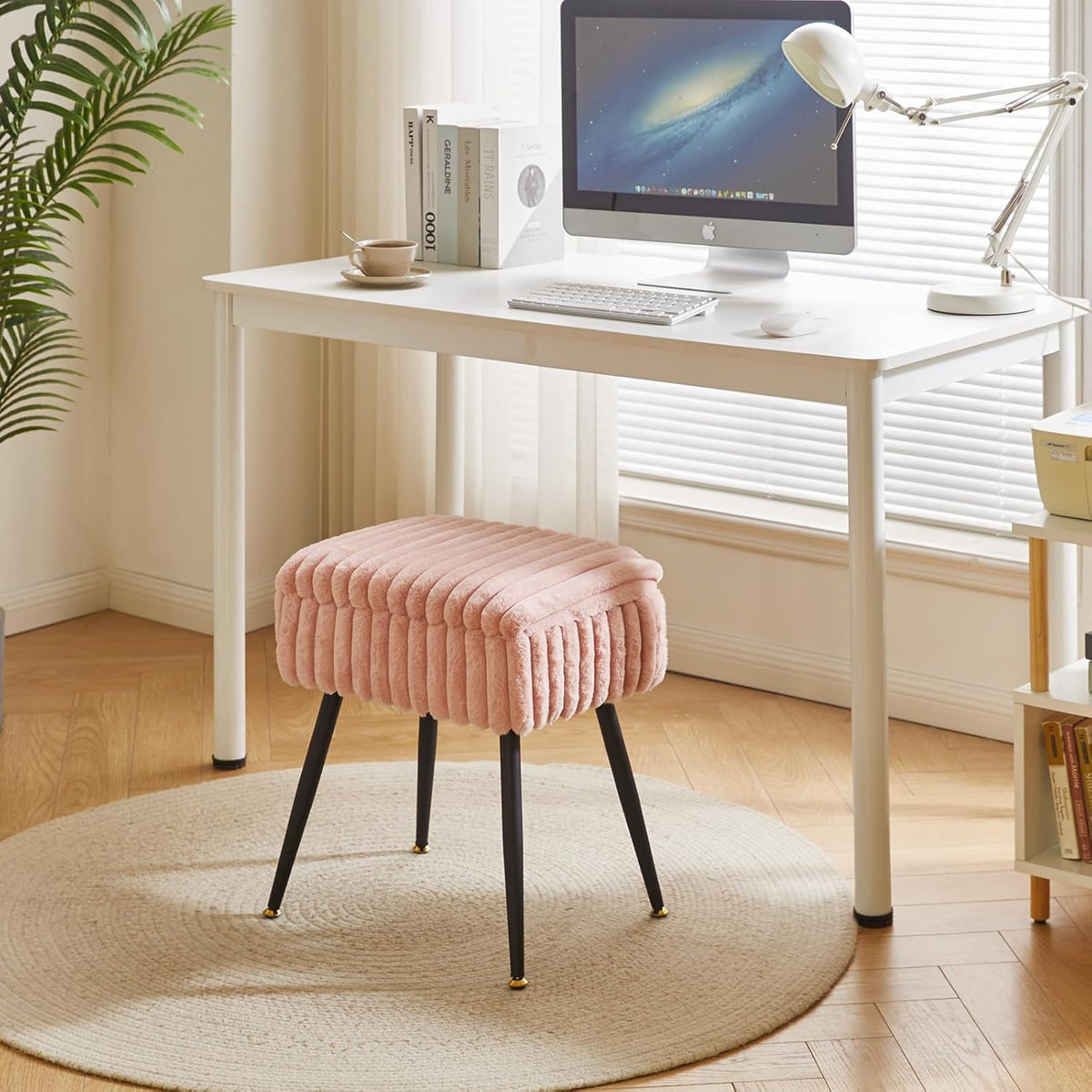 Aibiju Vanity Stool Chair, Foot Stools Ottoman, Faux Fur Vanity Chair with Black Legs, Vanity Stool for Makeup, Make up Chairs for Vanity, Vanity Small Bench Seat Storage Pink YD-MS151P