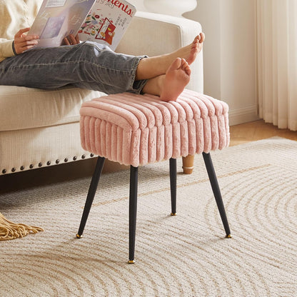 Aibiju Vanity Stool Chair, Foot Stools Ottoman, Faux Fur Vanity Chair with Black Legs, Vanity Stool for Makeup, Make up Chairs for Vanity, Vanity Small Bench Seat Storage Pink YD-MS151P