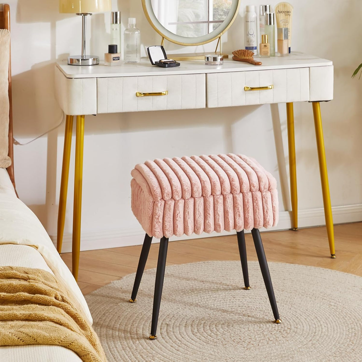 Aibiju Vanity Stool Chair, Foot Stools Ottoman, Faux Fur Vanity Chair with Black Legs, Vanity Stool for Makeup, Make up Chairs for Vanity, Vanity Small Bench Seat Storage Pink YD-MS151P