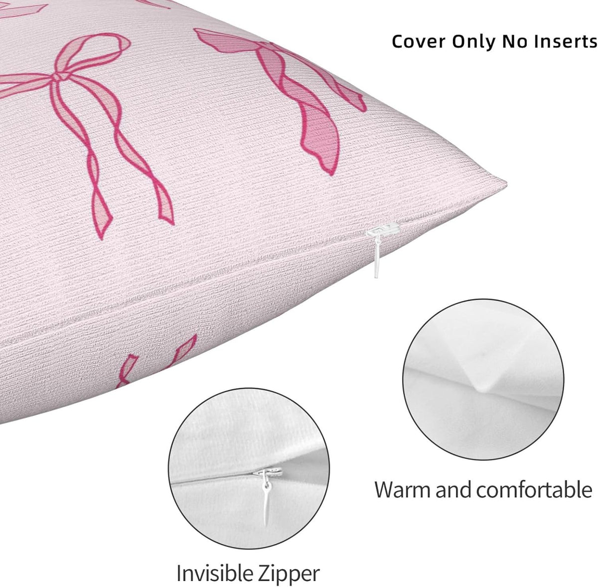 Bow Throw Pillow Covers 18x18 Set of 2 Pink Short Plush Pillows Case Cute Square Cushion Cover Decorative Pillowcases for Couch Bed Sofa