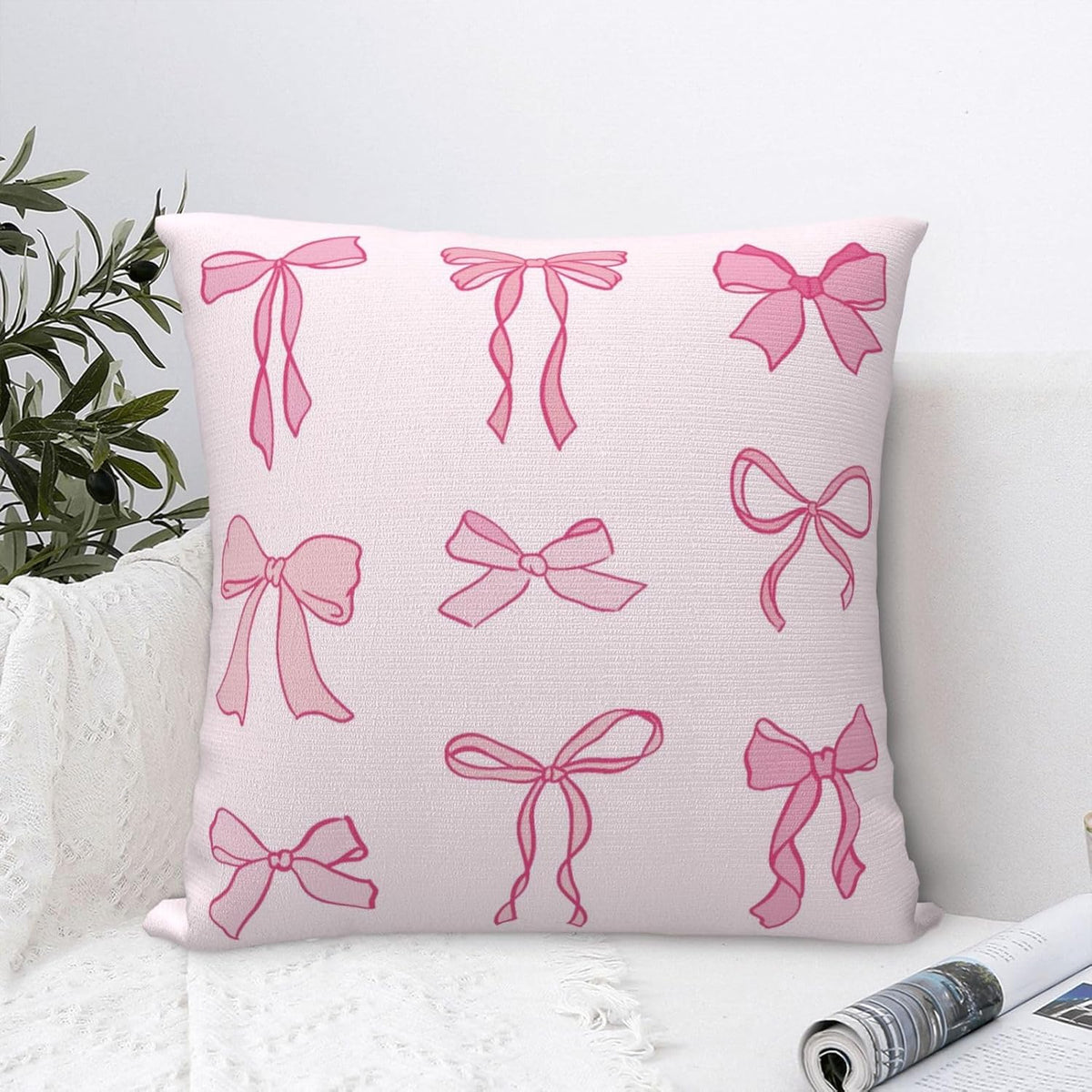 Bow Throw Pillow Covers 18x18 Set of 2 Pink Short Plush Pillows Case Cute Square Cushion Cover Decorative Pillowcases for Couch Bed Sofa