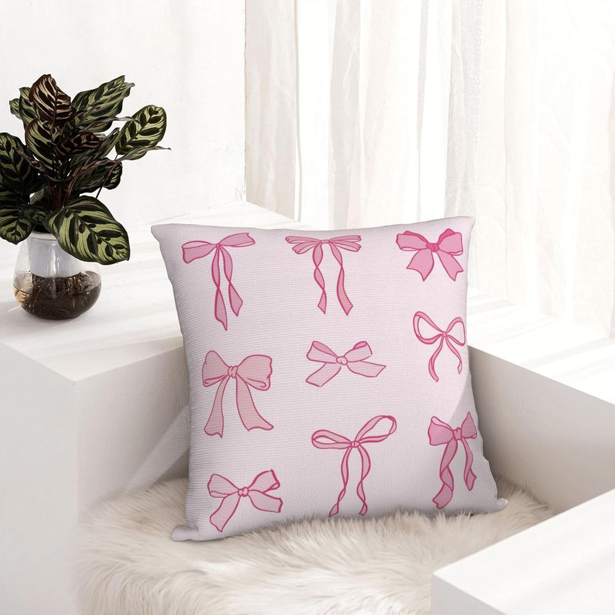 Bow Throw Pillow Covers 18x18 Set of 2 Pink Short Plush Pillows Case Cute Square Cushion Cover Decorative Pillowcases for Couch Bed Sofa