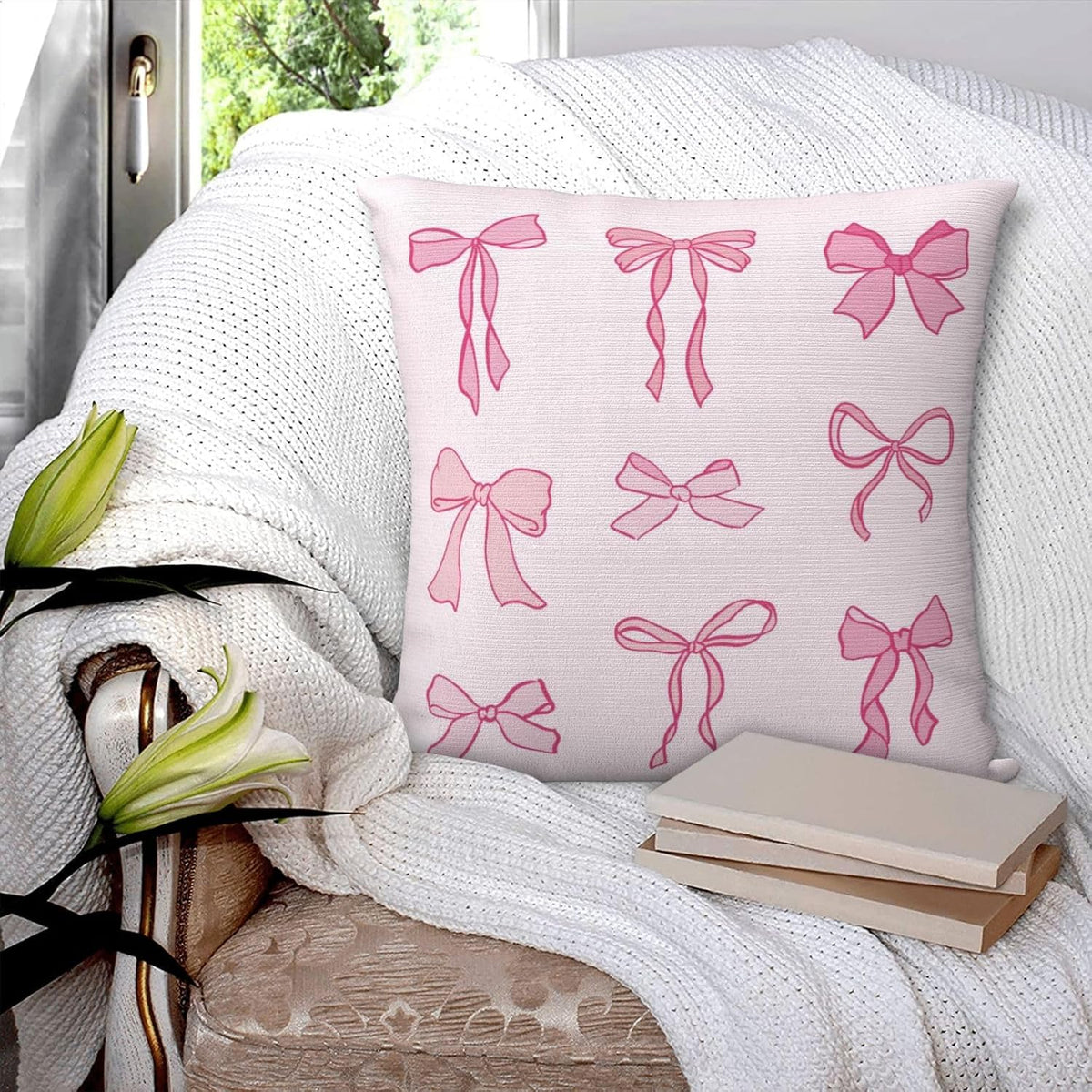 Bow Throw Pillow Covers 18x18 Set of 2 Pink Short Plush Pillows Case Cute Square Cushion Cover Decorative Pillowcases for Couch Bed Sofa