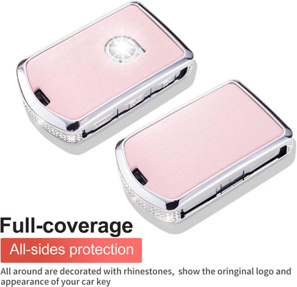 Key Fob Cover Compatible with Volvo, Pink Leather Crystal 360 Degree Protection Key Shell Case for XC90, XC60, XC40, S60, S90, V60, V90, Polestar 1, Polestar 2