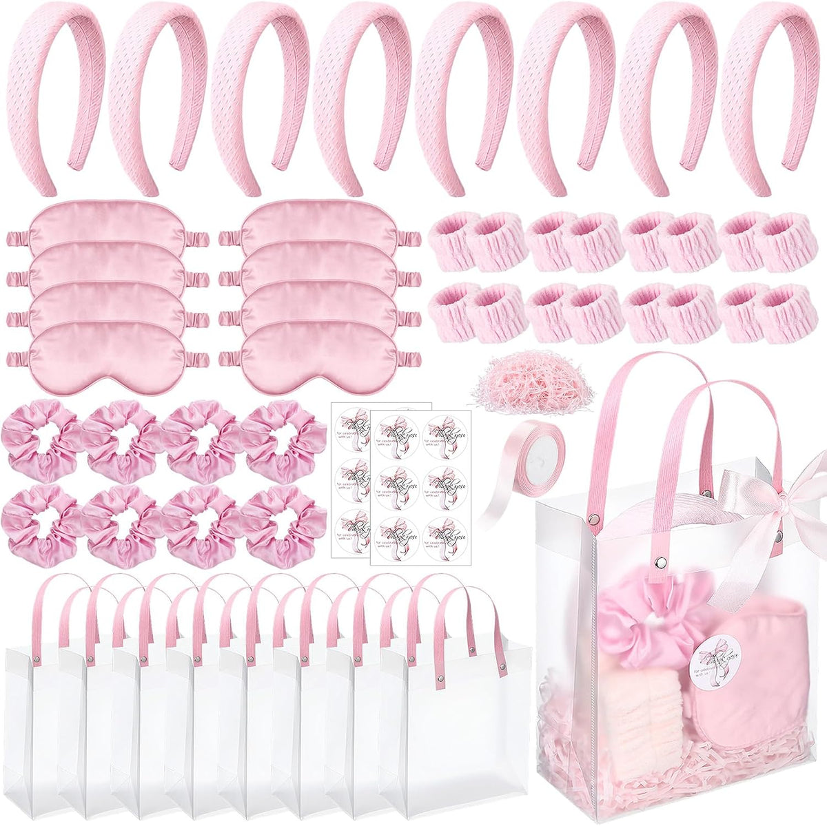 52 Pcs Spa Sleepover Party Supplies 8 Pink Spa Sponge Headbands, 16 Wristbands, 8 Eye Mask, 8 Ribbon Scrunchies, 8 Transparent Bag, 2 Thank You Stickers, Pink Ribbon, Raffia for Women Pajama