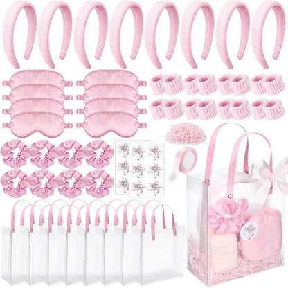 52 Pcs Spa Sleepover Party Supplies 8 Pink Spa Sponge Headbands, 16 Wristbands, 8 Eye Mask, 8 Ribbon Scrunchies, 8 Transparent Bag, 2 Thank You Stickers, Pink Ribbon, Raffia for Women Pajama