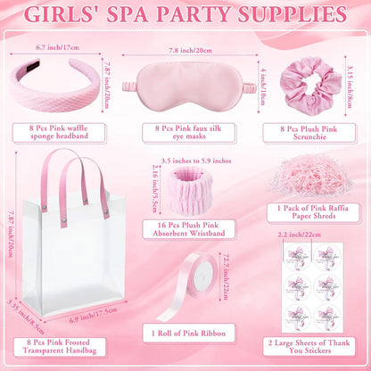 52 Pcs Spa Sleepover Party Supplies 8 Pink Spa Sponge Headbands, 16 Wristbands, 8 Eye Mask, 8 Ribbon Scrunchies, 8 Transparent Bag, 2 Thank You Stickers, Pink Ribbon, Raffia for Women Pajama