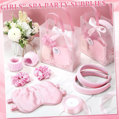 52 Pcs Spa Sleepover Party Supplies 8 Pink Spa Sponge Headbands, 16 Wristbands, 8 Eye Mask, 8 Ribbon Scrunchies, 8 Transparent Bag, 2 Thank You Stickers, Pink Ribbon, Raffia for Women Pajama