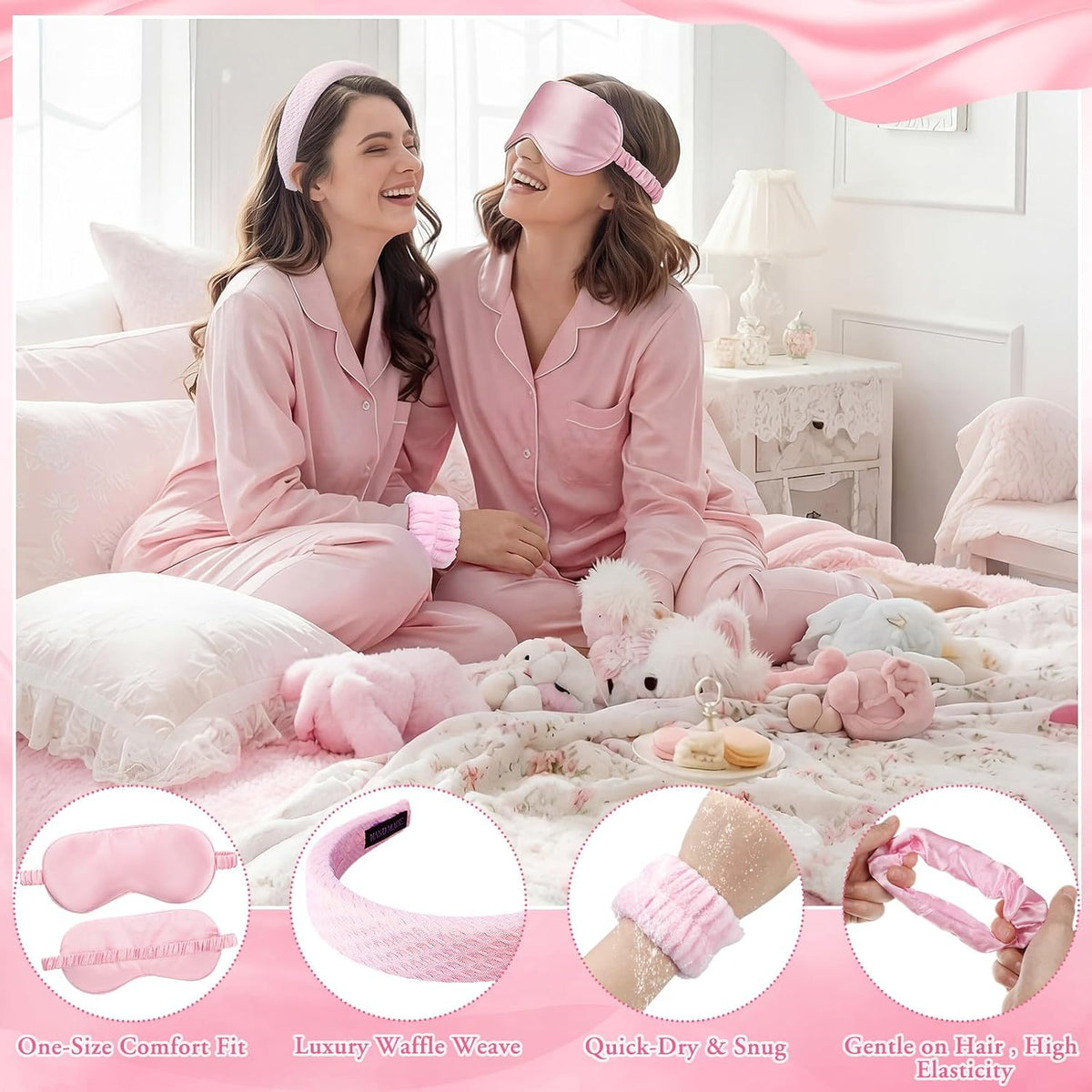 52 Pcs Spa Sleepover Party Supplies 8 Pink Spa Sponge Headbands, 16 Wristbands, 8 Eye Mask, 8 Ribbon Scrunchies, 8 Transparent Bag, 2 Thank You Stickers, Pink Ribbon, Raffia for Women Pajama