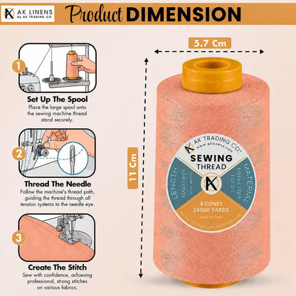 AK TRADING CO. 4-Pack Dark Peach All Purpose Sewing Thread Cones (6000 Yards Each) of High Tensile Polyester Thread Spools for Sewing, Quilting, Serger Machines, Overlock, Merrow & Hand Embroidery