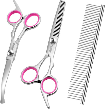 Dog Grooming Scissors with Safety Round Tips Stainless Steel (Pink 4 in 1)