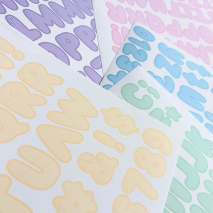Pastel Rainbow Bubble Letter Sticker Collection - 1.25" Premium Vinyl, 10 Sheets, 5 Soft Shades: Pink, Yellow, Green, Blue, Purple - Water Resistant Balloon Alphabet 700+ PCS