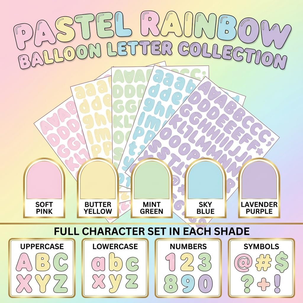 Pastel Rainbow Bubble Letter Sticker Collection - 1.25" Premium Vinyl, 10 Sheets, 5 Soft Shades: Pink, Yellow, Green, Blue, Purple - Water Resistant Balloon Alphabet 700+ PCS