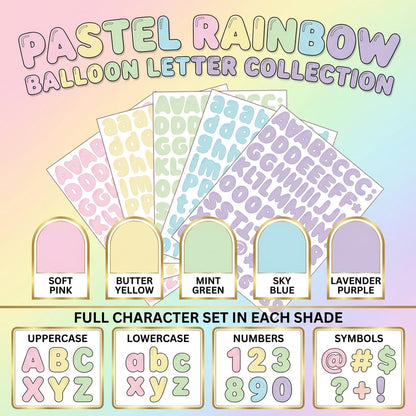 Pastel Rainbow Bubble Letter Sticker Collection - 1.25" Premium Vinyl, 10 Sheets, 5 Soft Shades: Pink, Yellow, Green, Blue, Purple - Water Resistant Balloon Alphabet 700+ PCS