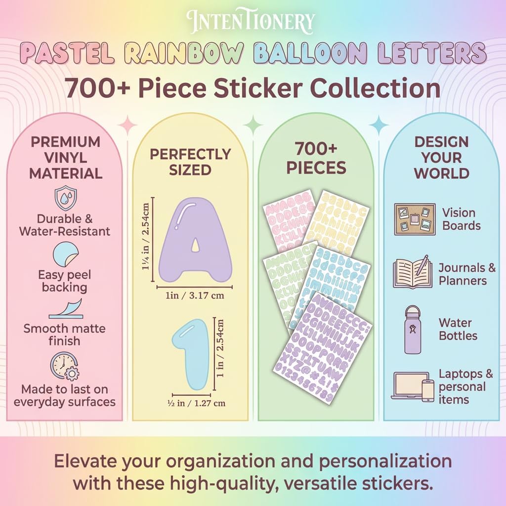 Pastel Rainbow Bubble Letter Sticker Collection - 1.25" Premium Vinyl, 10 Sheets, 5 Soft Shades: Pink, Yellow, Green, Blue, Purple - Water Resistant Balloon Alphabet 700+ PCS