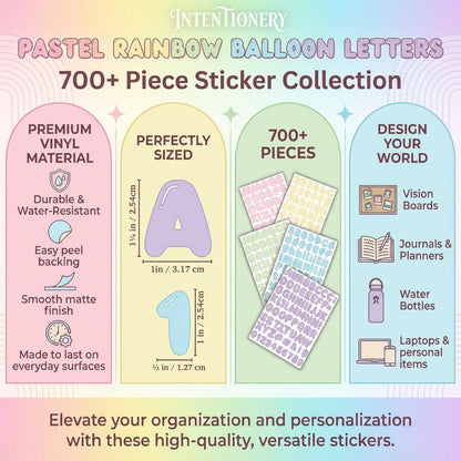 Pastel Rainbow Bubble Letter Sticker Collection - 1.25" Premium Vinyl, 10 Sheets, 5 Soft Shades: Pink, Yellow, Green, Blue, Purple - Water Resistant Balloon Alphabet 700+ PCS