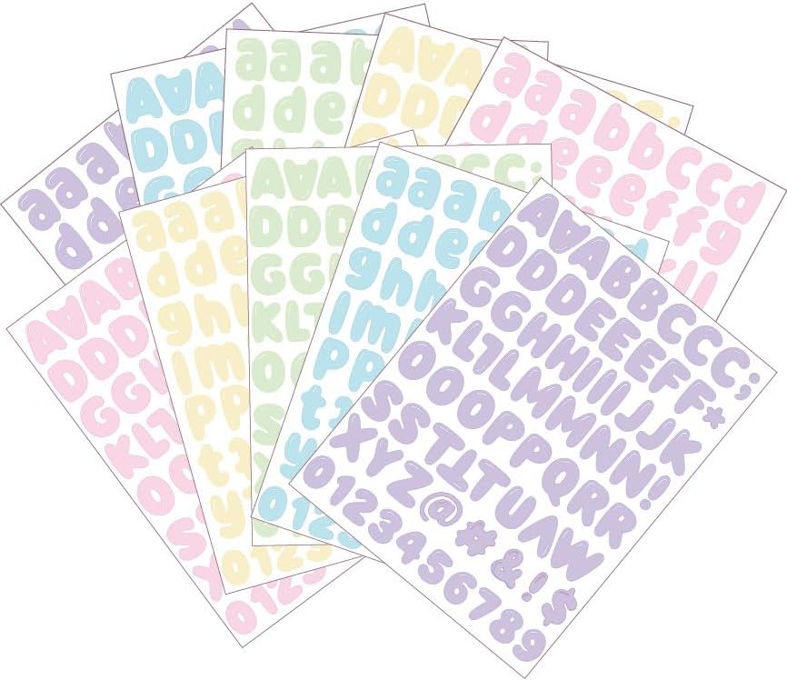 Pastel Rainbow Bubble Letter Sticker Collection - 1.25" Premium Vinyl, 10 Sheets, 5 Soft Shades: Pink, Yellow, Green, Blue, Purple - Water Resistant Balloon Alphabet 700+ PCS